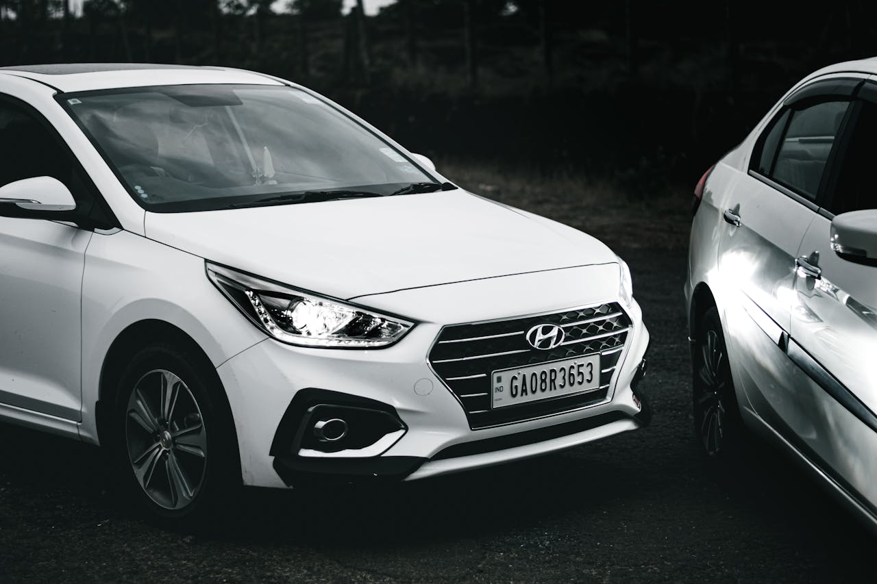 Monochrome image of a Hyundai car with visible license plate. Perfect for automotive themes.